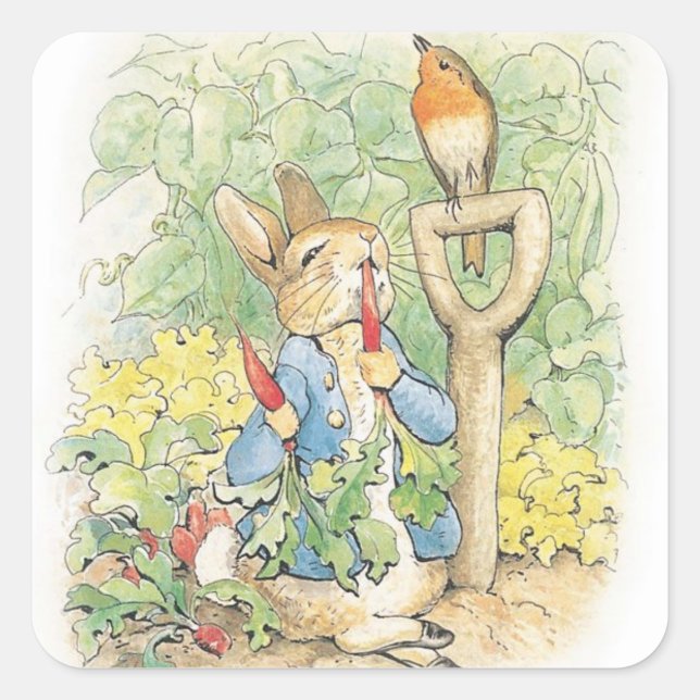 Pegatina Cuadrada Peter Rabbit En El Jardín - Beatrix Potter (Anverso)