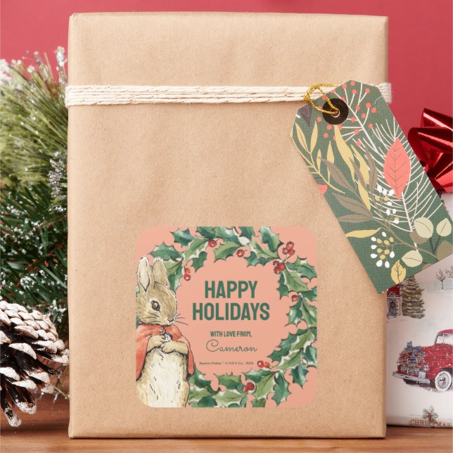 Pegatina Cuadrada Peter Rabbit | Feliz Navidad desde (Vacaciones)