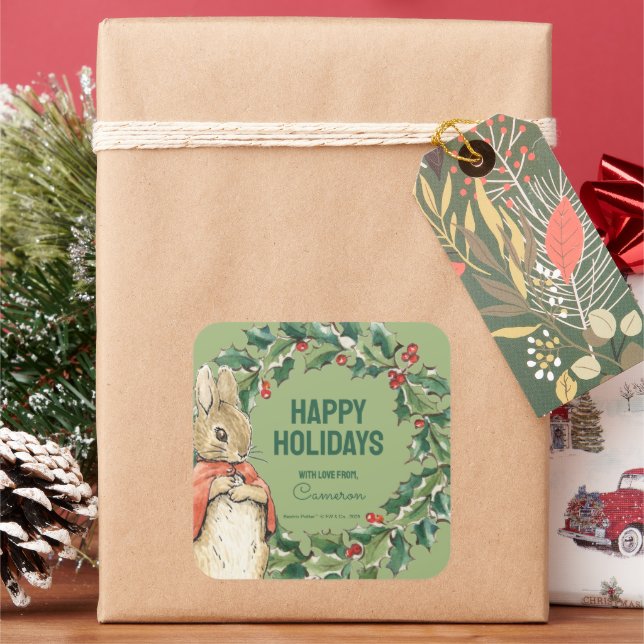 Pegatina Cuadrada Peter Rabbit | Feliz Navidad desde (Vacaciones)