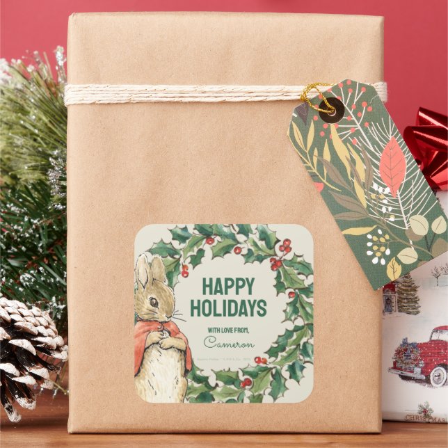 Pegatina Cuadrada Peter Rabbit | Feliz Navidad desde (Vacaciones)