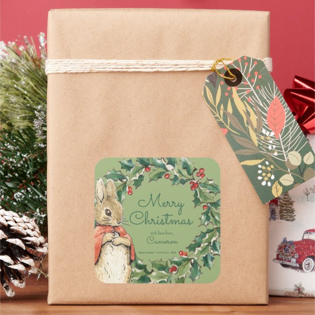 Pegatina Cuadrada Peter Rabbit | Feliz Navidad desde (Vacaciones)