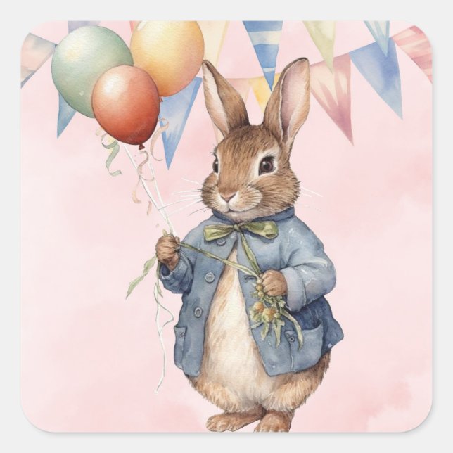 Pegatina Cuadrada Peter Rabbit Watercolor Chica Baby Shower (Anverso)