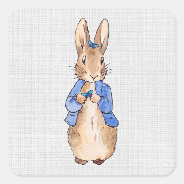 Pegatina Cuadrada Peter the Rabbit Butterflies Textura de lino gris (Anverso)
