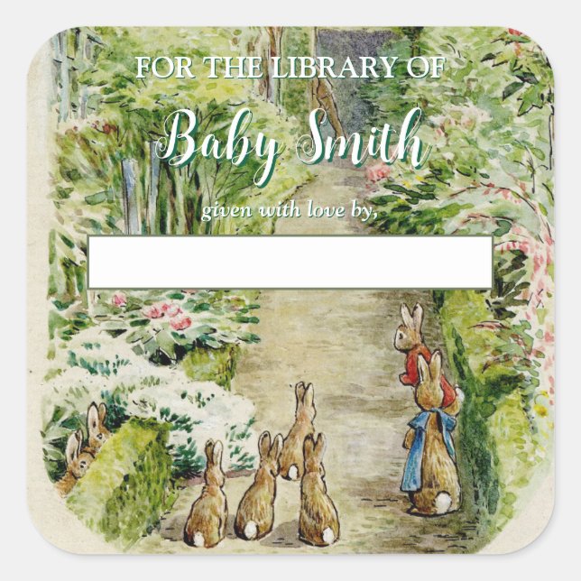 Pegatina Cuadrada Peter the Rabbit Garden Baby Shower Bookplate (Anverso)