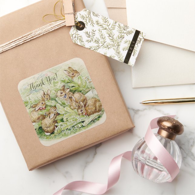 Pegatina Cuadrada Peter the Rabbit Garden Baby Shower Gracias (Regalar)
