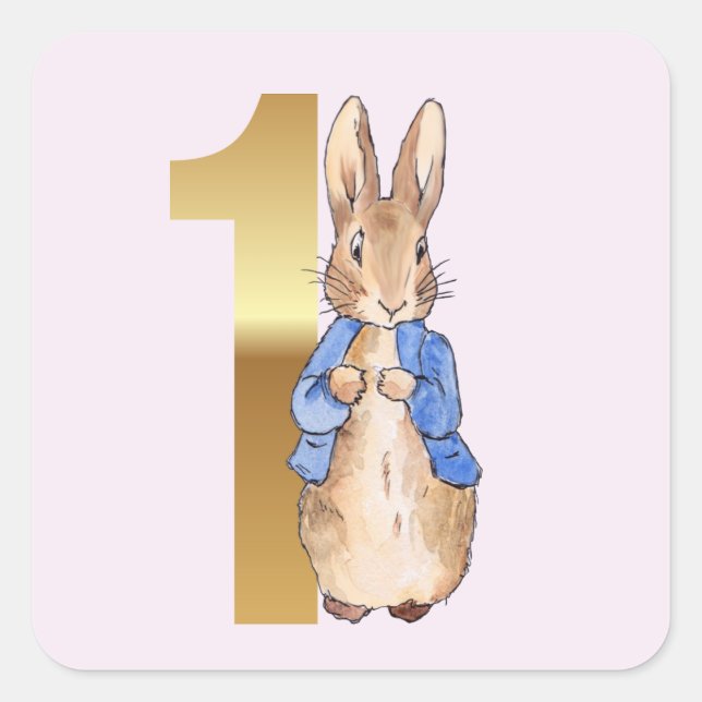 Pegatina Cuadrada Peter the Rabbit Gold 1 Birthday Pink (Anverso)