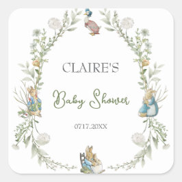 Pegatina Cuadrada Peter the Rabbit Wildflower Watercolor Baby Shower
