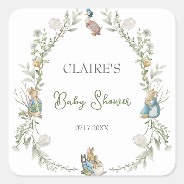 Pegatina Cuadrada Peter the Rabbit Wildflower Watercolor Baby Shower (Anverso)