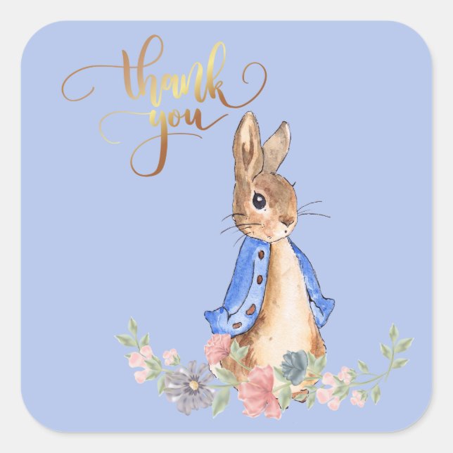 Pegatina Cuadrada Peter the Rabbit with Gold Gracias Textos (Anverso)