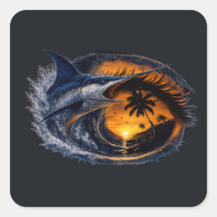 Pegatina Cuadrada Pez Espada Ola de Atardecer – Arte Oceánico Tropic
