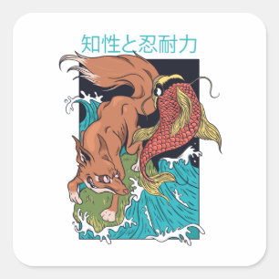 Pegatina Cuadrada Pez Koi con Diseño Japonés de Zorro