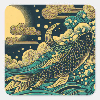 Pegatina Cuadrada Pez Koi Dorado Japonés Saltando Olas A