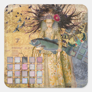 Pegatina Cuadrada Pez Mujer Piscis Vintage Gótico Clásico 