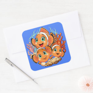 Pegatina Cuadrada Pez payaso Dibujo animado lindo Familia Subacuátic