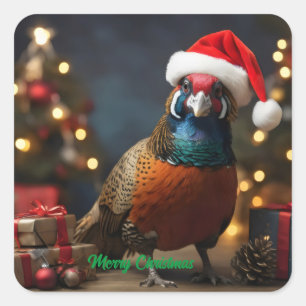 Pegatina Cuadrada Pheasant usando sombrero santa