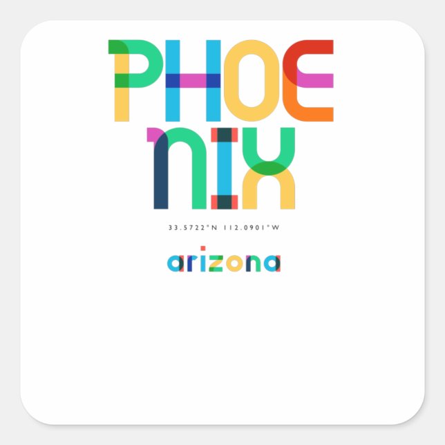 Pegatina Cuadrada Phoenix Arizona Mid Century, Pop Art, (Anverso)