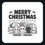Pegatina Cuadrada Phoenix City Arizona Merry Christmas Cats USA<br><div class="desc">Phoenix City Arizona Merry Christmas Cats USA diseño. Para los amantes del gato y de la ciudad de Phoenix, solía visitar allí especialmente a los Navidades. Representado por Phoenix City Skyline con gatos y texto "Feliz Navidad", "Phoenix Arizona". Perfecto para sus seres queridos que están acostumbrados a ir a Phoenix...</div>