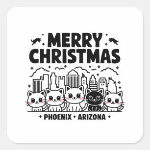 Pegatina Cuadrada Phoenix City Arizona Merry Christmas Cats USA