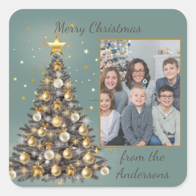 Pegatina Cuadrada Photo Christmas Sticker - Elegant Style Blue (Anverso)