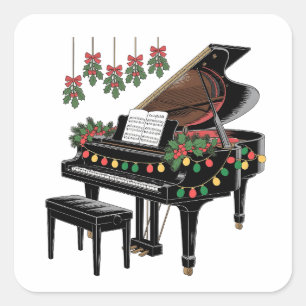 Pegatina Cuadrada Pianista Navidad Luces Santa Tocando