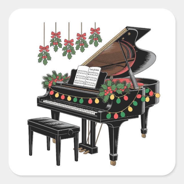Pegatina Cuadrada Pianista Navidad Luces Santa Tocando  (Anverso)