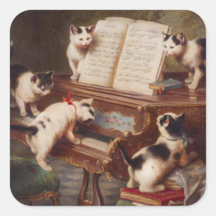 Pegatina Cuadrada PIANO CATS - Graciosos Pegatinas de gatos de época