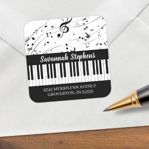 Pegatina Cuadrada Piano Keyboard Music Notes Dirección de devolución
