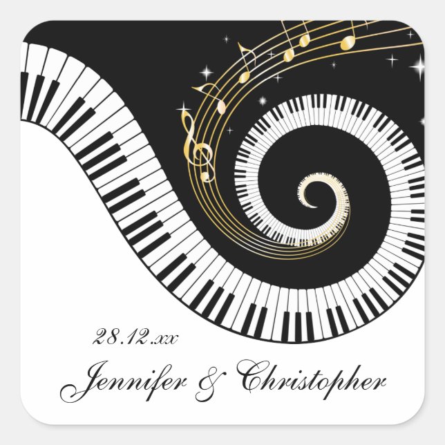 Pegatina Cuadrada Piano Keys y Golden Music Notes Boda (Anverso)