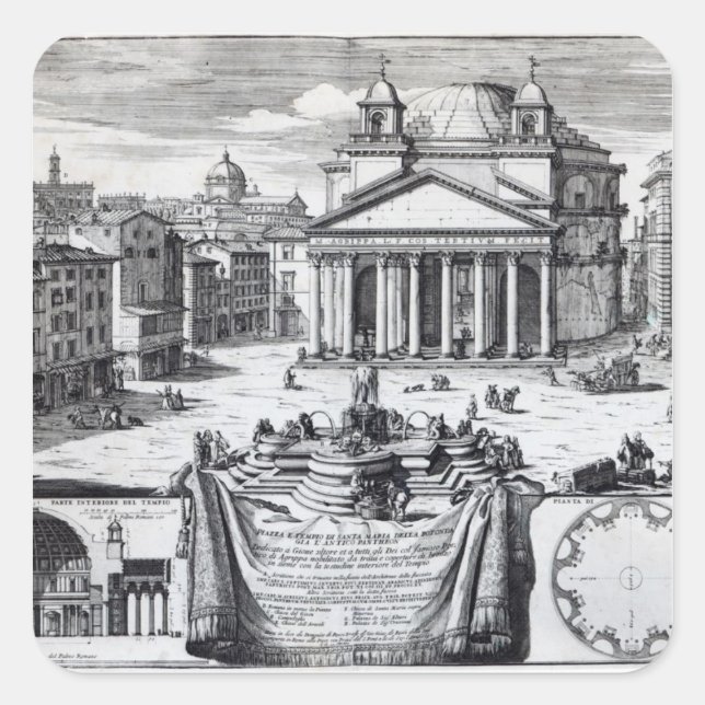 Pegatina Cuadrada Piazza della Rotonda con vistas al Panteón (Anverso)