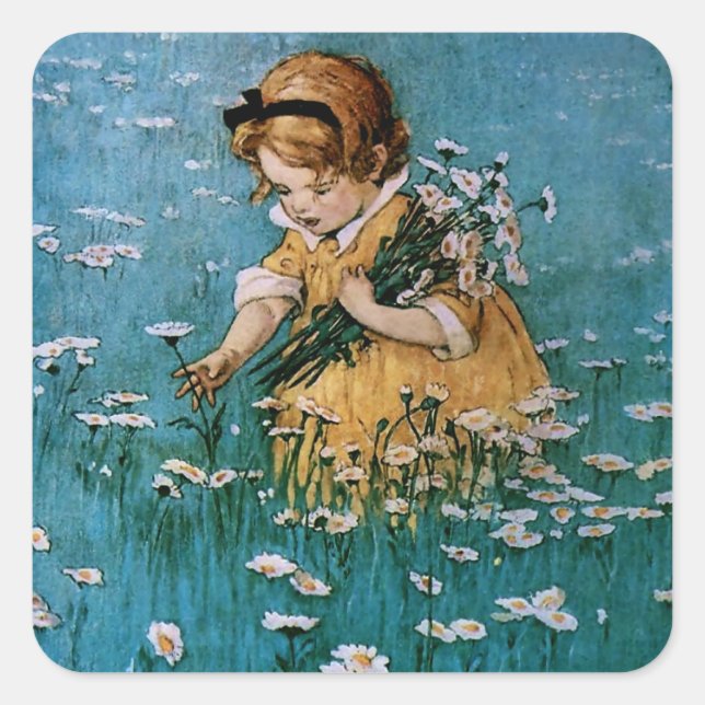 Pegatina Cuadrada Picando Daisies por Jessie Willcox Smith (Anverso)