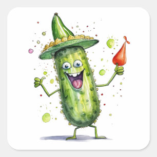 Pegatina Cuadrada Pickle Cucumbers con Gorras de cumpleaños
