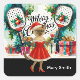 Pegatina Cuadrada Pickleball Navidad temático para amantes de los ga
