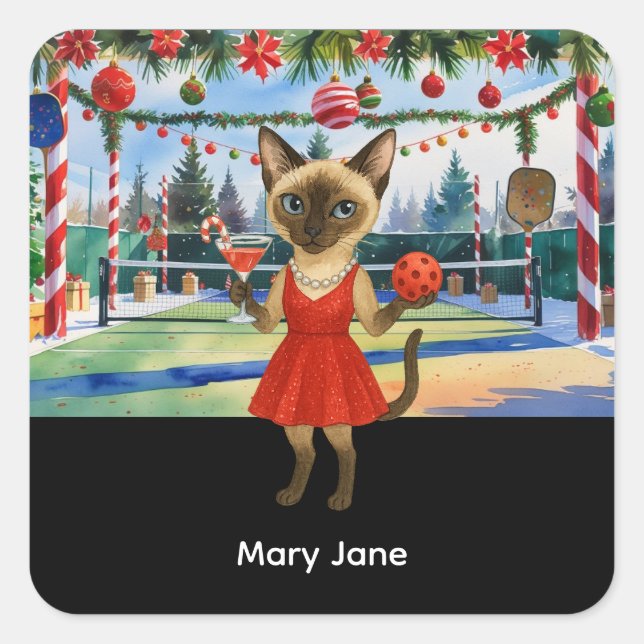 Pegatina Cuadrada Pickleball Navidad temático para amantes de los ga (Anverso)