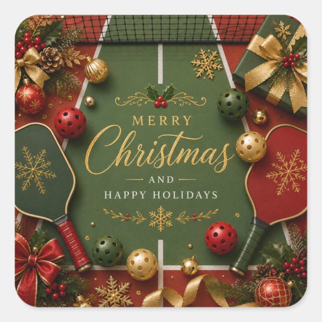 Pegatina Cuadrada Pickleball temática de Navidad  (Anverso)