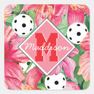 Pegatina Cuadrada 🌺 🌴 Pickleball tropical con hibisco, con nombre
