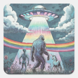 Pegatina Cuadrada Pie grande, alienígena y unicornio con un OVNI