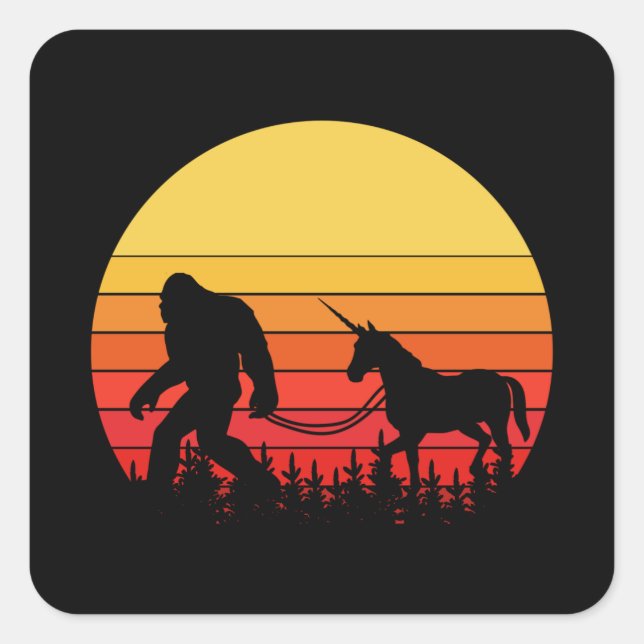 Pegatina Cuadrada Pie grande y unicornio en un diseño retro (Anverso)