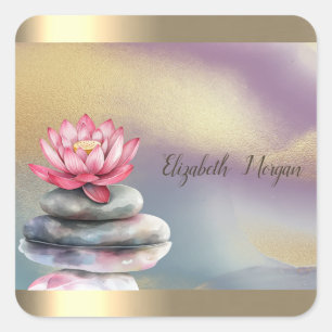 Pegatina Cuadrada Piedras Zen Loto Franja Dorada Colorido Yoga