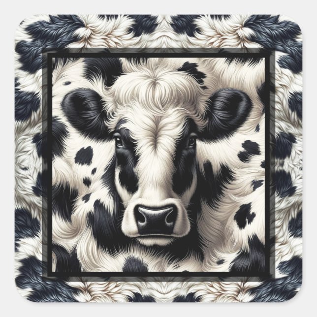 Pegatina Cuadrada Piel de vaca de Furry Black & White Cow Spots (Anverso)