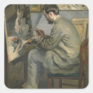 Pegatina Cuadrada Pierre A Renoir   Bazille Frederic en su Easel