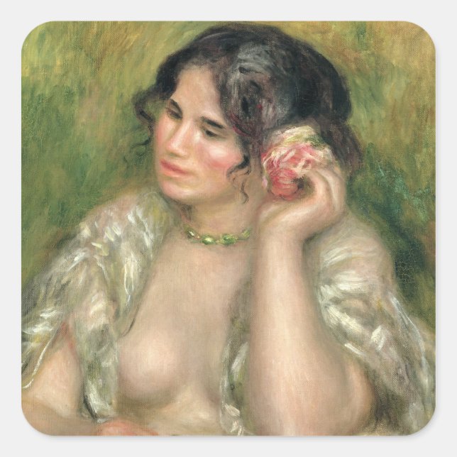 Pegatina Cuadrada Pierre A Renoir | Gabrielle con un Rosa (Anverso)