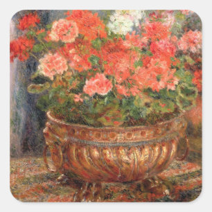 Pegatina Cuadrada Pierre A Renoir   Geranios en una cuenca de cobre