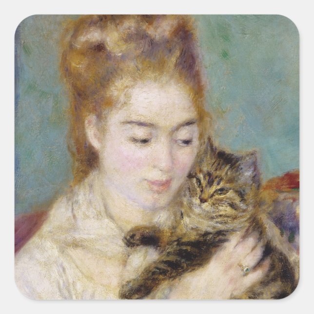 Pegatina Cuadrada Pierre A Renoir | Mujer con gato (Anverso)