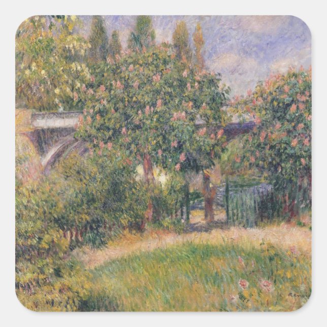 Pegatina Cuadrada Pierre A Renoir | Puente ferroviario de Chatou (Anverso)