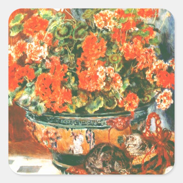 Pegatina Cuadrada Pierre-Auguste Renoir Geraniums And Cats (Anverso)