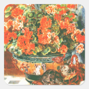 Pegatina Cuadrada Pierre-Auguste Renoir Geraniums And Cats