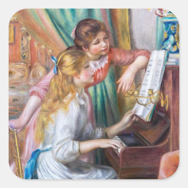 Pegatina Cuadrada Pierre Auguste Renoir - Jóvenes Chicas en el piano (Anverso)