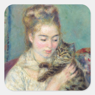 Pegatina Cuadrada Pierre-Auguste Renoir - Mujer con un gato