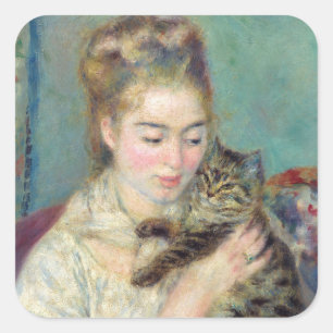 Pegatina Cuadrada Pierre-Auguste Renoir - Mujer con un gato