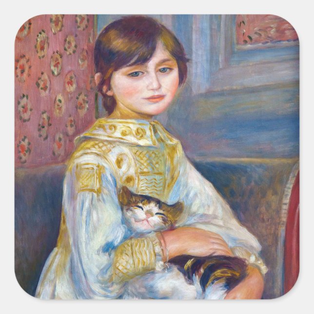 Pegatina Cuadrada Pierre-Auguste Renoir - Niño con gato (Anverso)